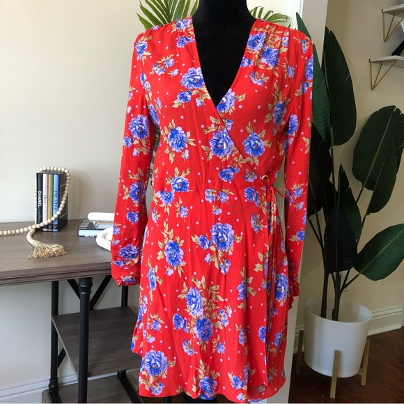 Zara Floral Red Deep V-neck Long Sleeve Wrap Dress Large - Picture 3 of 11